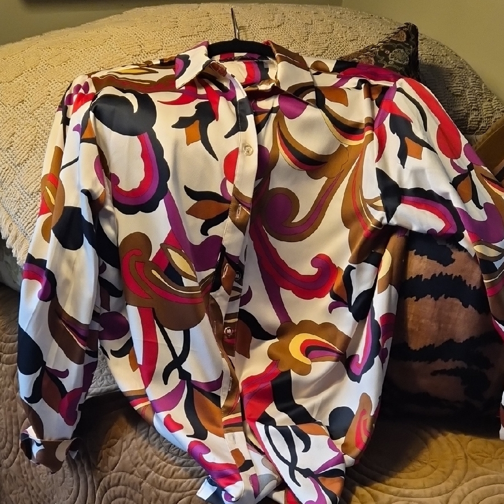 T Tahari Abstract Swirl Button-Down Blouse in Cream, Pink, Purple, Brown & Black